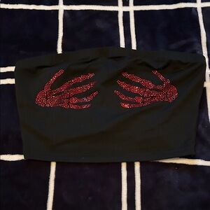 Black Strapless Rhinestone Flame Bandeau Top - Red Accent